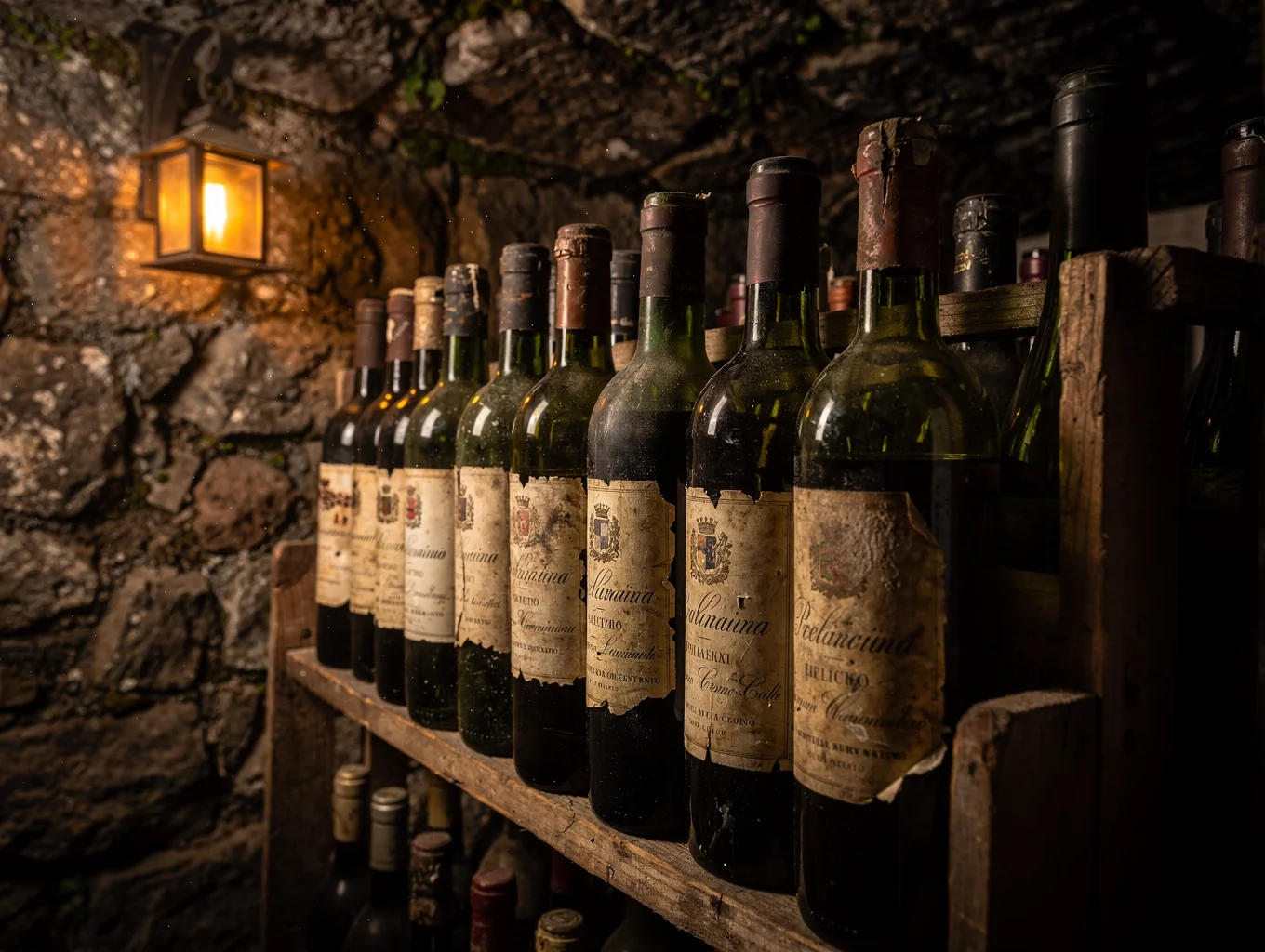 Aged Brunello bottle in dark cellar setting