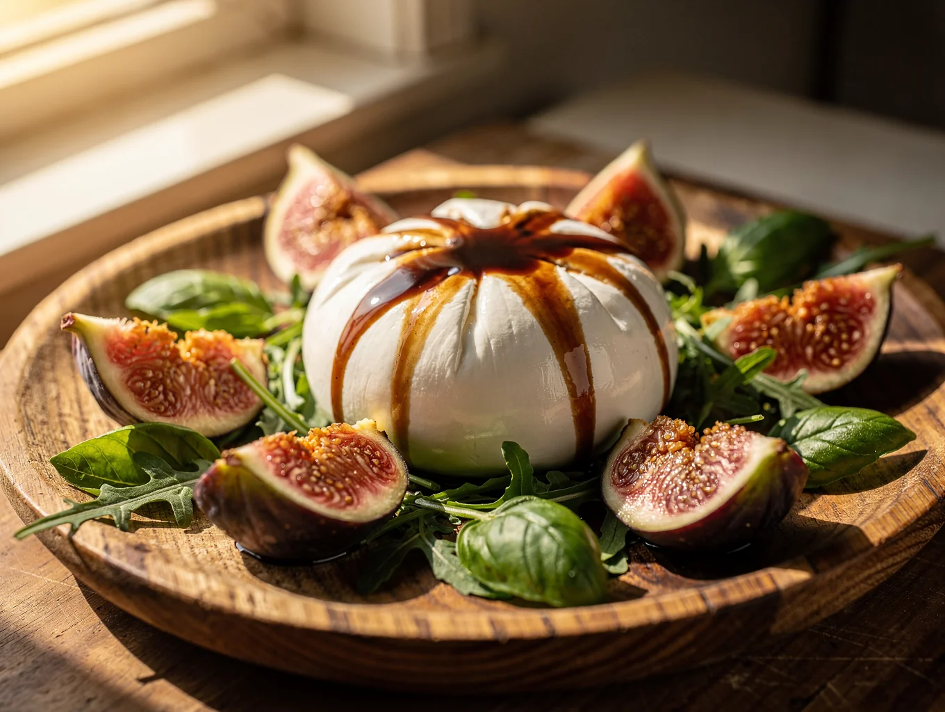 Creamy burrata with figs and arugula