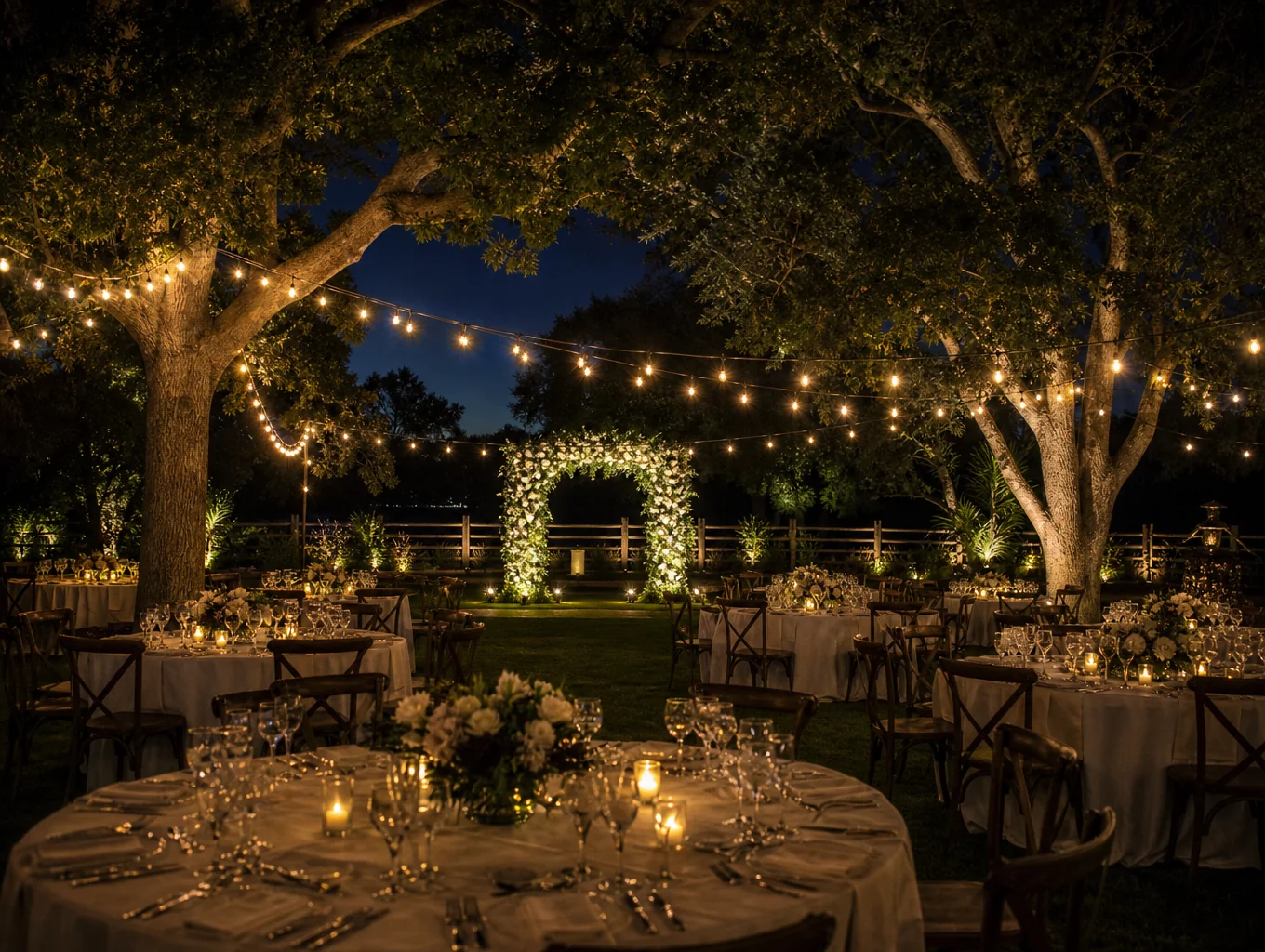 Italian restaurant terrace with candlelit tables and lush greenery