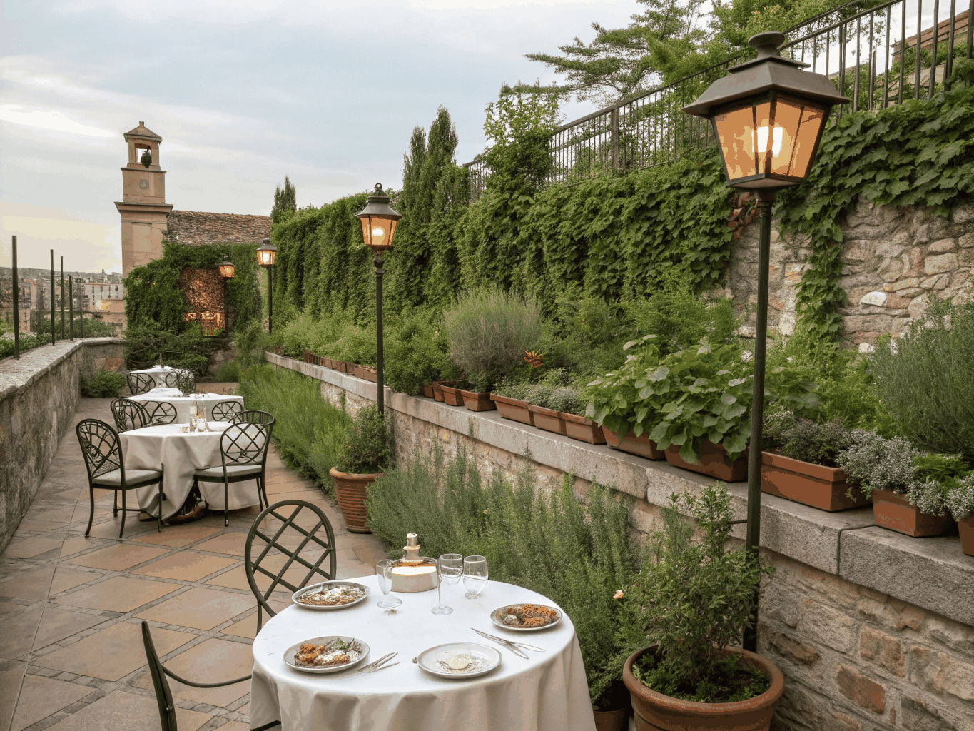 Communal dining table set in the middle of a herb garden