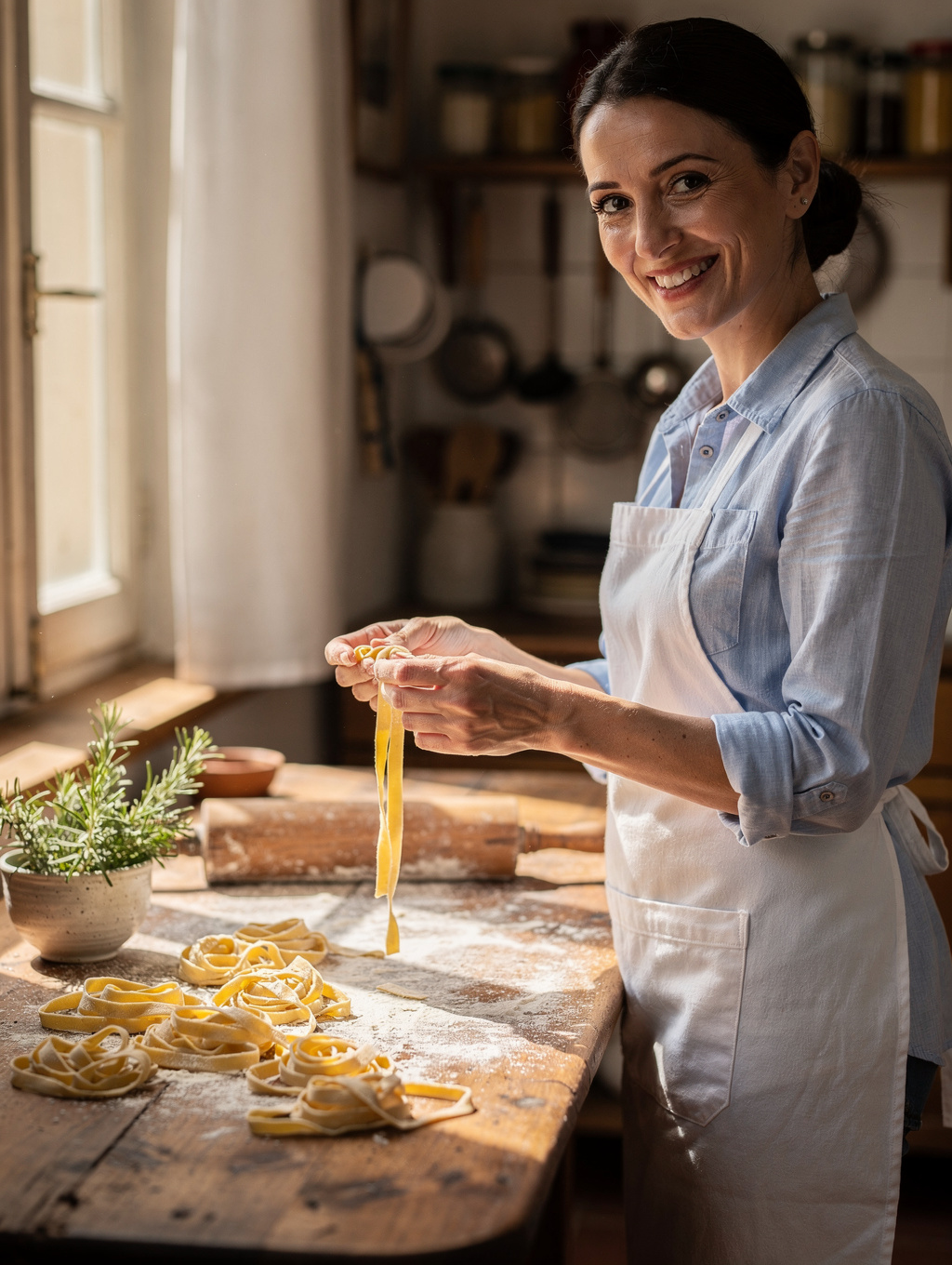 Elena Ferrari dusting semolina on handmade pasta