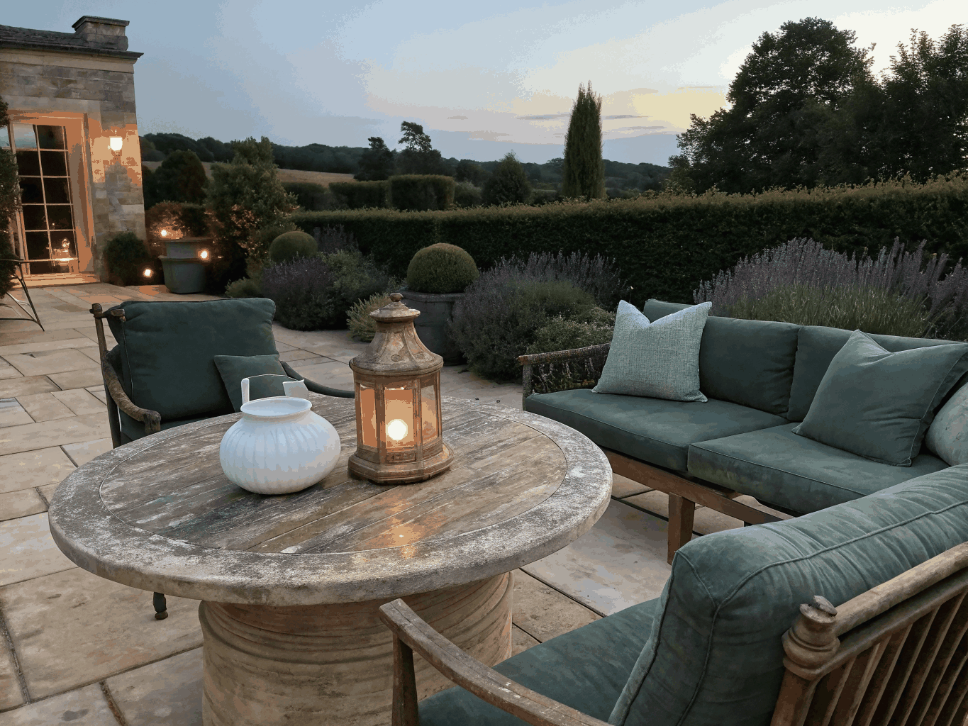Elevated veranda lounge with warm lighting and garden views