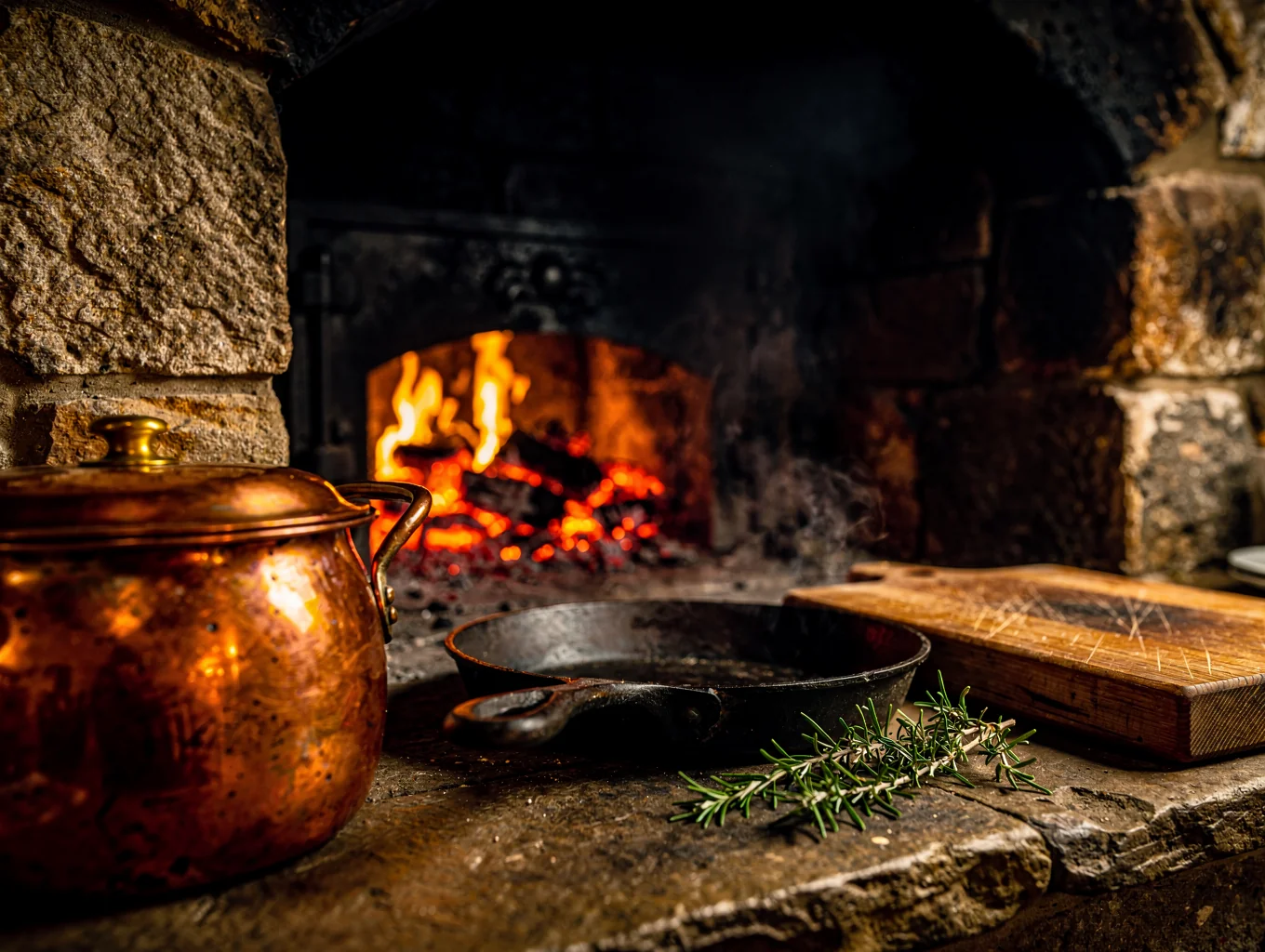 Open kitchen with wood-fired hearth and glowing embers